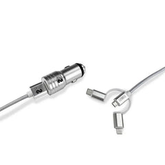 Subblim Cargador de coche doble USB - Longitud 1m - Carga rÃ¡pida hasta 2.400Amp/12W - Exterior de fibra de nailon resistente - Color Plata