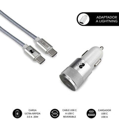 Subblim Cargador Coche Dual PD20W+QC3.0+C to C/Lightning cable - 20W - Carga rÃ¡pida simultÃ¡nea - Cable USB C reversible - Color Plata