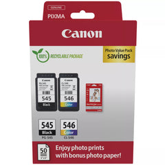 Canon PG545 Noir + CL546 Couleur Pack de Cartouches d'Encre Originales + 50 Feuilles de Papier Photo - 8287B008/8287B006/8287B005