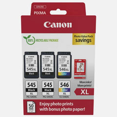 Canon PG-545XL/CL-546XL Multipack de 3 Cartuchos de Tinta Originales + 50 Hojas de Papel Fotografico - 8286B015