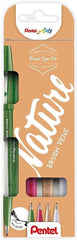 Pentel Brush Sing Pen Nature Pack de 4 Rotuladores con Punta de Pincel - Lineas Finas o Gruesas dependiendo de la Presion - Fabricados con 81% de Plasticos Recicldos - Colores Verde Oliva, Rojo Burgundy, Marron Claro y Gris Claro