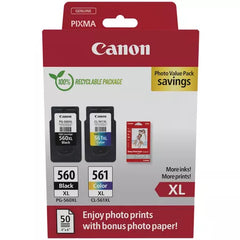 Canon PG560XL Noir + CL561XL Couleur Pack de 2 Cartouches d'Encre Originales - 50 Feuilles de Papier Photo - 3712C008/3712C004