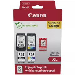 Canon PG545XL Black + CL546XL Color Pack of 2 Original Ink Cartridges + 50 Sheets of Photo Paper - 8286B011/8286B006