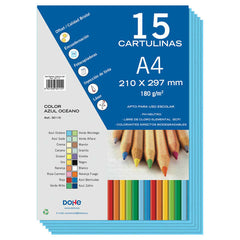Dohe Pack de 15 Cartulinas A4 de 180gr - Con PH Neutro - Libres de Cloro Elemental - Color Azul Oceano
