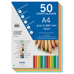Dohe Pack de 50 Cartulinas A4 de 180gr - Con PH Neutro - Libres de Cloro Elemental - Colores Intensos Surtidos