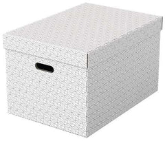 Esselte Pack de 3 Cajas Grandes de Almacenamiento con Tapa 355x305x510mm - Carton 100% Reciclado y Reciclable - Asas Integradas - DiseÃ±o Blanco con Dibujo
