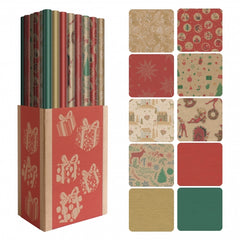 Dohe Navidad Kraft Expositor de 50 Rollos de Papel Regalo - 10 DiseÃ±os Diferentes - 5 Rollos por DiseÃ±o - Medidas del Rollo 0.70x2m