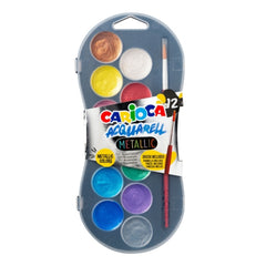Carioca Acuarell Metallic Pack de 12 Acuarelas en Pastillas de Ã˜ 30mm - Brillantes - Facilmente Mezclables - Colores Metallic Surtidos