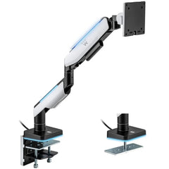 Ewent Soporte de Mesa RGB para Monitor/TV - Giratorio e Inclinable - Iluminacion RGB - Acero y Aluminio - Compatible Vesa - Carga Maxima 20Kg - Brazo Articulado - Sistema de Pasacables - Color Blanco