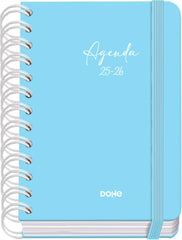 Dohe Serenity Agenda Escolar 25/26 Espiral Wireâ€™o A6 - Dia Pagina - Papel 80g/m2 - 4 Hojas de Pegatinas - Cubierta de Carton Plastificado - Cierre con Goma Elastica - Color Azul
