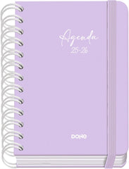 Dohe Serenity Agenda Escolar 25/26 Espiral Wireâ€™o A6 - Dia Pagina - Papel 80g/m2 - 4 Hojas de Pegatinas - Cubierta de Carton Plastificado - Cierre con Goma Elastica - Color Morado