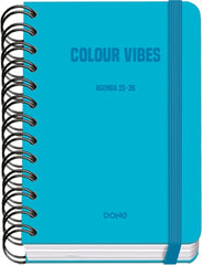 Dohe Colour Vibes Agenda Escolar 25/26 Espiral Wireâ€™o A6 - Dia Pagina - Papel 80g/m2 - 4 Hojas de Pegatinas - Cubierta de Carton Plastificado - Cierre con Goma Elastica - Color Azul Cyan
