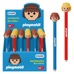Dohe Playmobil Expositor de 24 Boligrafos Borrables - Punta Bola Metalica 1mm - Trazo 0.5mm - Capuchon Decorado con MuÃ±ecos Playmobil - Tinta Azul