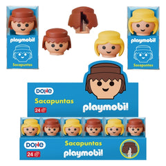 Dohe Playmobil Expositor de 24 Sacapuntas - 1 Orificio y Cuchilla de Acero - Con Forma de los MuÃ±ecos Playmobil
