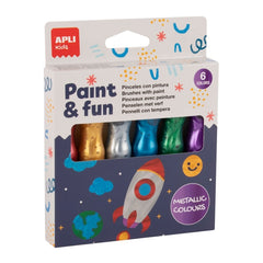 Apli Kids Pack de 6 Temperas en Tubo con Pincel 13ml - Practico y Sin Limpieza - Fomenta Creatividad y Colaboracion - Colores Surtidos Metalizados