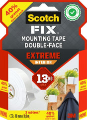 Scotch-Fix Cinta de Montaje para Interior Extremo de Doble Cara - Promocion 40% Gratis - 19Â mm x 3m - Color Blanco