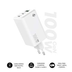Subblim Cargador de Pared GaN 100W - 3 Puertos (2xUSB-C + 1xUSB-A) -  Carga ultra rÃ¡pida - Color Blanco