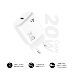 Subblim Cargador de Pared GaN 20W - USB-C -  Carga rÃ¡pida - Color Blanco