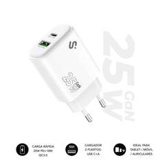 Subblim Cargador de Pared GaN 25W - USB-C + USB-A -  Carga rÃ¡pida - Color Blanco