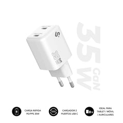 Subblim Cargador de Pared GaN 35W - 2xUSB-C -  Carga rÃ¡pida - Color Blanco