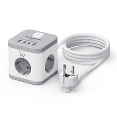 Ewent Regleta con 6 Tomas de Sobremesa - 3x Schuko 16A - 2x USB-A - 2x USB-C - Proteccion Infantil - Interruptor On/Off - Forma de Cubo - Cable de 1.5m - Color Blanco/Gris