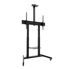 Tooq Aquiles Soporte de Suelo para Pantallas Interactivas/TV de 60 a 100" - Bandeja Multiusos - Peso Max. 120kg - Altura e Inclinacion Ajustables - Elevacion con Manivela - Ruedas - Color Negro