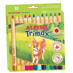 Alpino Trimax Pack de 12 Lápis de Cor Triangulares Grossos + Apontador - Chumbo 5,4mm - Resistente à Água - Tabuleiro Removível - Cores Sortidas