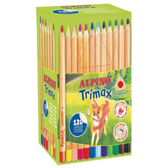 Alpino Trimax Economy Pack de 120 lápis de cor triangulares grossos + 2 afia-lápis - Chumbo de 5,4 mm - Resistente à água - Tabuleiro amovível - Cores sortidas