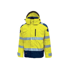 Upower Defender Parka Anti-Lluvia Impermeable y Transpirable - Talla 4XL - Reflectantes en Busto y Mangas, Bolsillo Multimedia con Free Sound, Capucha Desmontable, Proteccion DPI3 - Color Amarillo Fluorescente