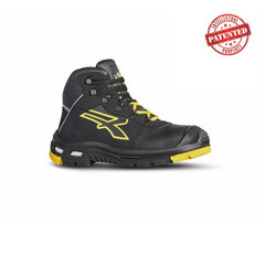 Upower Cosmo S Calzado Altos de Seguridad - Talla 45 - Piel Pull-Up Suave, Hidrofugos, Puntera Aluminio AirToe, Suela PU/Vibram, Costuras Kevlar, Proteccion S3S CI HI HRO FO SR - Color Negro/Amarlllo