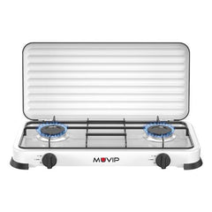 Muvip Vulcano Cocina de Gas con 2 Fuegos - Tapa Protectora - Patas de Goma - Superficie Esmaltada - Quemador Extraible - 57.7x27.8x5.3cm - Color Blanco
