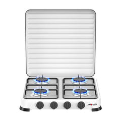 Muvip Vulcano Cocina de Gas con 4 Fuegos - Tapa Protectora - Patas de Goma - Superficie Esmaltada - Quemador Extraible - 47.8x47.8x60cm - Color Blanco