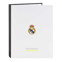 Safta Real Madrid Carpeta de 4 Anillas - Tapas Duras Forradas - Lomo de 40mm - Formato Folio - 26.5x33x4cm - Color Blanco y Negro