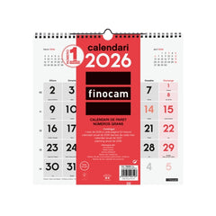 Finocam Calendario de Pared en Catalan - Anual 2026 - 300x5x310mm - Numeros Grandes - Color Blanco y Rojo
