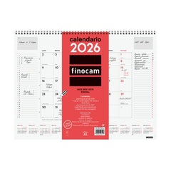 Finocam Vade Calendario de Sobremesa - Anual 2026 - con Espiral - 420x8x320mm - Mes Vista - Color Blanco y Rojo