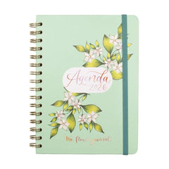 Finocam Flower Journal Agenda de Espiral en Catalan - Anual 2026 - Tapa Dura - Cierre de Goma - Formato E10 - 155X212mm - Semana Vista Horizontal - Color Verde