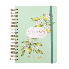 Finocam Flower Journal Agenda de Espiral - Anual 2026 - Tapa Dura - Cierre de Goma - Formato E10 - 155X212mm - 1 Dia por Pagina - Color Verde