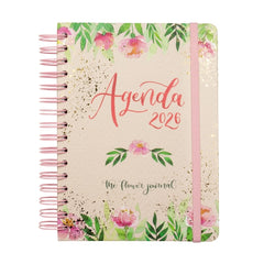Finocam Flower Journal Agenda de Espiral en Catalan - Anual 2026 - Tapa Dura - Cierre de Goma - Formato E10 - 155X212mm - 1 Dia por Pagina - Color Rosa