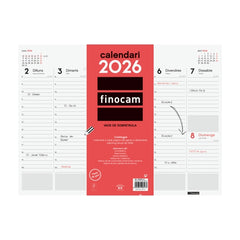 Finocam Vade Protector de Escritorio en Catalan - Anual 2026 - Encolado - 420x7x310mm - Semana Vista en Vertical - Color Blanco y Rojo