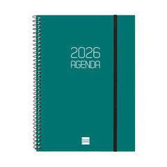 Finocam Opaque Agenda de Espiral - Anual 2026 - Tapa Ligera - Cierre con Goma Elastica - Formato E10 - 162x14x212mm - Semana Vista Horizontal - Color Verde