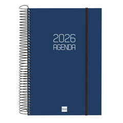 Finocam Opaque Agenda de Espiral - Anual 2026 - Tapa Ligera - Cierre con Goma Elastica - Formato E11 - 175x29x242mm - 1 Dia por Pagina - Color Azul