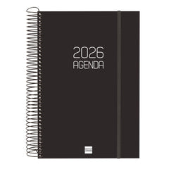 Finocam Opaque Agenda de Espiral en Catalan - Anual 2026 - Tapa Ligera - Cierre con Goma Elastica - Formato E11 - 175x29x242mm - 1 Dia por Pagina - Color Negro