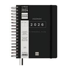 Finocam Tempus Agenda de Espiral - Anual 2026 - Tapa Extradura - Cierre de Goma - Formato 1/4 - 157x217mm - 1 Dia por Pagina - Color Negro