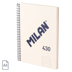 Milan 430 Since 1918 Cuaderno A5 con Espiral - Papel a Lineas de 7mm - 80 Hojas de 95g - Tapa Dura - Color Beige