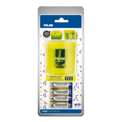 Milan Power-Sharp Acid Sacapuntas Electrico - Pilas Incluidas - Deposito Integrado - Cuchilla de Acero al Carbono de Seguridad - Color Amarillo
