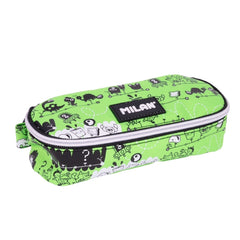 Milan Tandem 2 Estuche Portatodo - Ovalado - Cierre con Cremallera - Malla Interior - 20.5x9x5.5cm - Color Verde