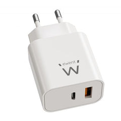 Ewent EW1318 Cargador GAN 20W - USB-C PD y USB-A QC - Carga Rapida - Alta Eficiencia - DiseÃ±o Compacto - Color Blanco