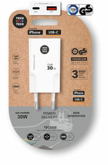 TechOneTech Cargador Doble de Pared UltrarrÃ¡pido GaN 30w USB-C+USB-A Blanco