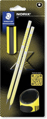 Staedtler Norix Pack de 2 Lapices de Grafito HB + Borrador + Sacapuntas - Madera Negra - Diseño Inteligente