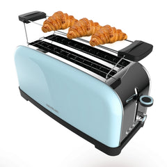 Cecotec Toastin' Time 1500 Tostadora de Doble Ranura Larga - 1500W - Capacidad para 4 Rebanadas - Ranura Ancha - Bandeja Recogemigas - 7 Niveles - Acabado en Acero Inoxidable - Color Azul Claro